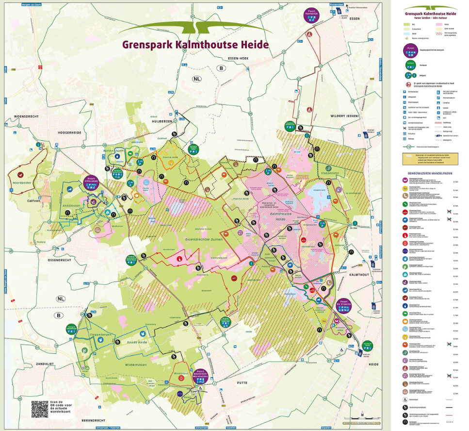 Kaart met wandelroutes Grenspark Kalmthoutse Heide
